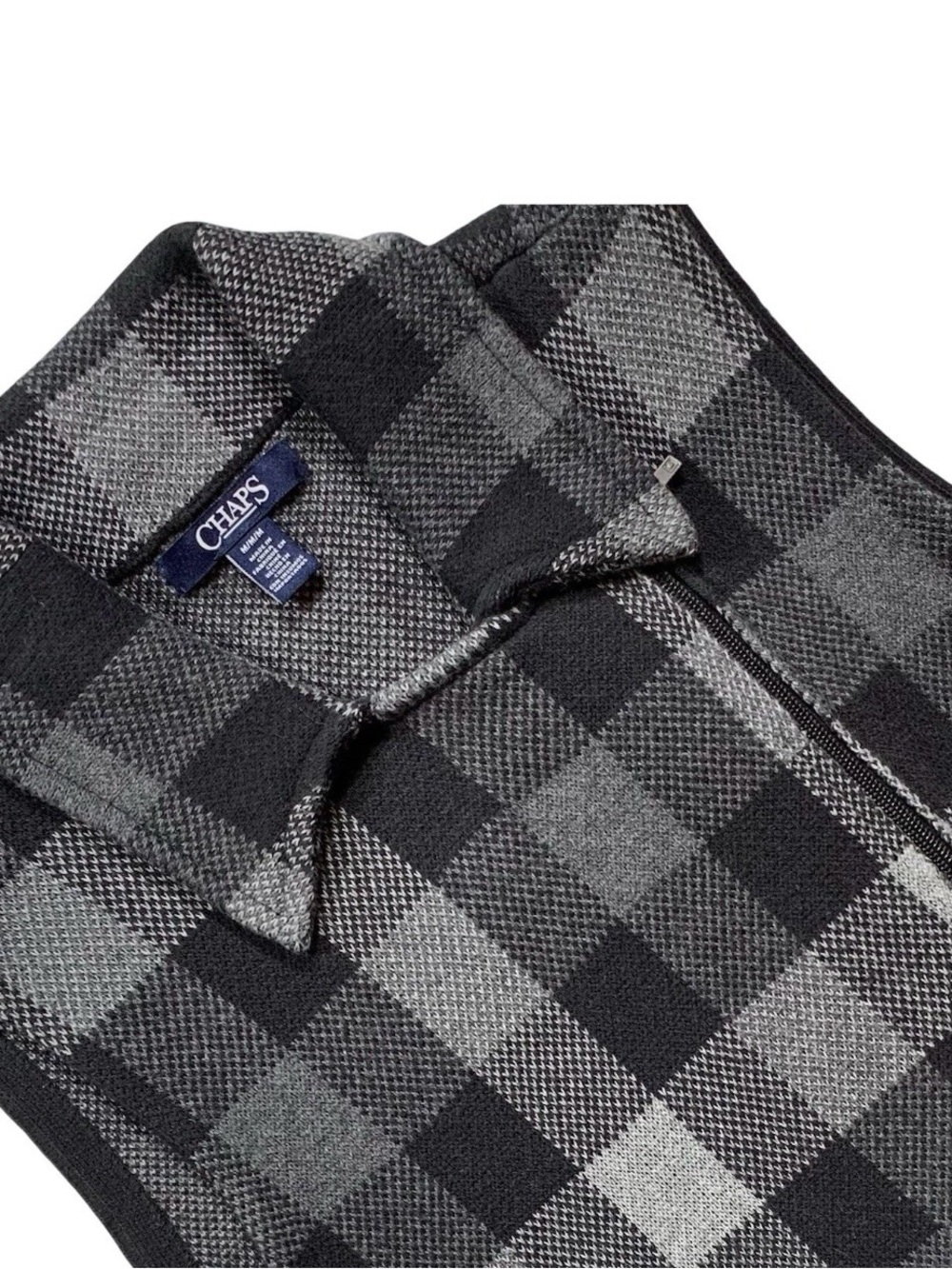 Chaps Black & Gray Plaid Zip Vest with Collar